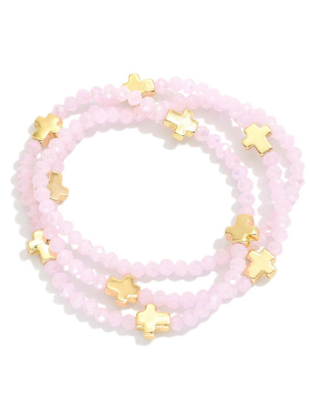 Set of Three Pink Faceted Bead Stretch Stack Bracelets with Gold Cross Beads